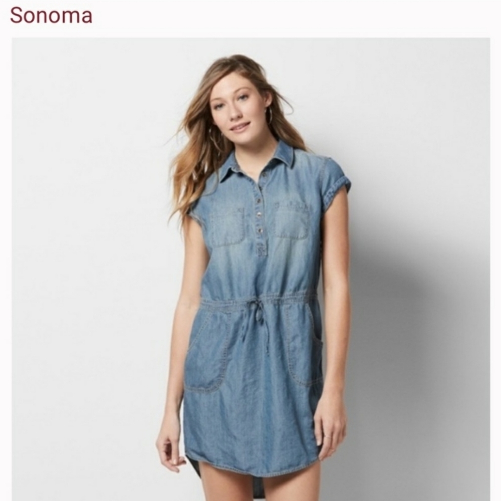 Sonoma Chambray High/Low Cap Sleeve Dress, Size S